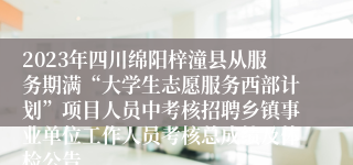2023年四川绵阳梓潼县从服务期满“大学生志愿服务西部计划”项目人员中考核招聘乡镇事业单位工作人员考核总成绩及体检公告