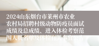 2024山东烟台市莱州市农业农村局招聘村级动物防疫员面试成绩及总成绩、进入体检考察范围人员名单及体检有关事宜公告