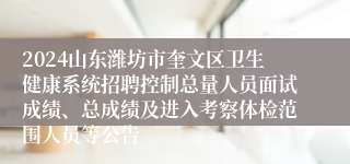 2024山东潍坊市奎文区卫生健康系统招聘控制总量人员面试成绩、总成绩及进入考察体检范围人员等公告