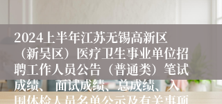 2024上半年江苏无锡高新区（新吴区）医疗卫生事业单位招聘工作人员公告（普通类）笔试成绩、 面试成绩、总成绩、入围体检人员名单公示及有关事项通知