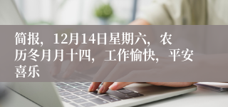 简报，12月14日星期六，农历冬月月十四，工作愉快，平安喜乐