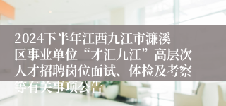 2024下半年江西九江市濂溪区事业单位“才汇九江”高层次人才招聘岗位面试、体检及考察等有关事项公告