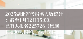 2025湖北省考报名人数统计：截至1月12日15:00，已有人报名225726（恩施13690人报名，不含法检）