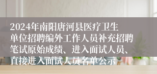 2024年南阳唐河县医疗卫生单位招聘编外工作人员补充招聘笔试原始成绩、进入面试人员、直接进入面试人员名单公示