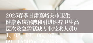 2025春季甘肃嘉峪关市卫生健康系统招聘和引进医疗卫生高层次及急需紧缺专业技术人员01、02、03、06、07、09、16岗位面试成绩公布