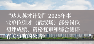 “达人英才计划”2025年事业单位引才（武汉场）部分岗位初评成绩、资格复审和综合测评有关事宜的公告