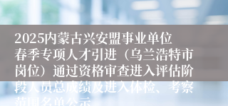 2025内蒙古兴安盟事业单位春季专项人才引进（乌兰浩特市岗位）通过资格审查进入评估阶段人员总成绩及进入体检、考察范围名单公示