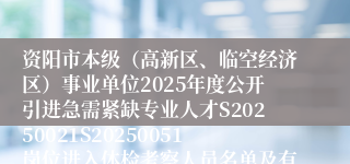 资阳市本级（高新区、临空经济区）事业单位2025年度公开引进急需紧缺专业人才S20250021S20250051岗位进入体检考察人员名单及有关事项的公告