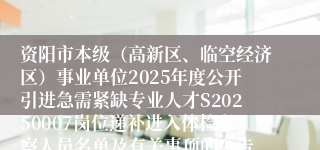 资阳市本级（高新区、临空经济区）事业单位2025年度公开引进急需紧缺专业人才S20250007岗位递补进入体检考察人员名单及有关事项的公告