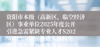 资阳市本级（高新区、临空经济区）事业单位2025年度公开引进急需紧缺专业人才S20250013岗位递补进入体检考察人员名单及有关事项的公告