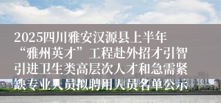 2025四川雅安汉源县上半年“雅州英才”工程赴外招才引智引进卫生类高层次人才和急需紧缺专业人员拟聘用人员名单公示
