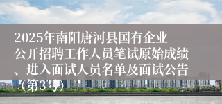 2025年南阳唐河县国有企业公开招聘工作人员笔试原始成绩、进入面试人员名单及面试公告（第3号）