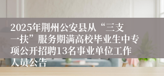 2025年荆州公安县从“三支一扶”服务期满高校毕业生中专项公开招聘13名事业单位工作人员公告