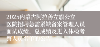 2025内蒙古阿拉善左旗公立医院招聘急需紧缺备案管理人员面试成绩、总成绩及进入体检考察人员名单的公告