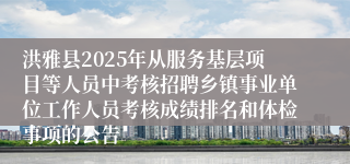 洪雅县2025年从服务基层项目等人员中考核招聘乡镇事业单位工作人员考核成绩排名和体检事项的公告