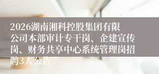 2026湖南湘科控股集团有限公司本部审计专干岗、企建宣传岗、财务共享中心系统管理岗招聘3人公告